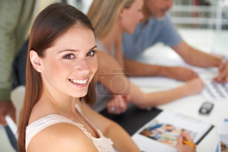 Photo for Design, magazine and portrait of woman in meeting with team project, collaboration and creative planning. Happy, person and photographer work at table with catalog, portfolio and editing process. - Royalty Free Image