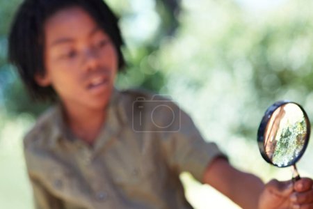 Téléchargez les photos : Magnifier le verre, apprendre et explorer avec un enfant curieux en plein air dans le parc, le jardin ou le champ à la découverte. Enfants, nature et recherche avec un garçon africain dans un environnement vert pour le camp d'été ou la biologie. - en image libre de droit