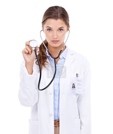 Photo for Check, stethoscope or portrait of doctor in studio for healthcare examination on white background. Woman, cardiovascular or serious nurse ready to start consultation, exam or help for wellness. - Royalty Free Image