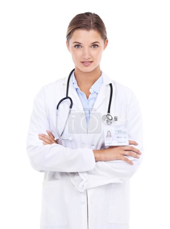 Photo for Doctor, woman or arms crossed in studio or portrait with confidence in medical career as cardiologist. Pride, coat or medicine consultant with name tag or healthcare isolated on white background. - Royalty Free Image