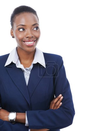 Photo for Black woman, thinking and arms crossed with idea for business with lawyer in white background or mockup. Legal, solution and attorney smile for information to faq and problem solving with law. - Royalty Free Image