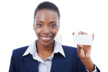 Photo for Woman, portrait and happy in studio with business card for advertising space and information or contact us. Entrepreneur, face and african employee with blank paper for brand logo on white background. - Royalty Free Image