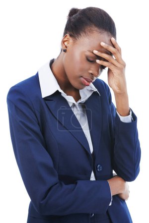 Photo for Business, woman and headache in studio with mental health, burnout or stress for career overwork. Entrepreneur, african person and migraine from corporate fatigue, tired or strain on white background. - Royalty Free Image