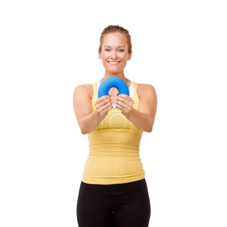 Photo for Happy woman, portrait smile and bend grip in resistance or arm workout against a white studio background. Young female person or athlete with band or tube in exercise, training or fitness on mockup. - Royalty Free Image