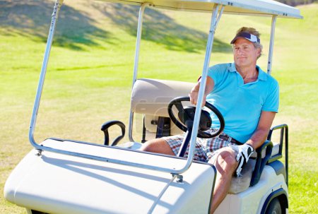 Photo for Man, golf cart and relax driving on grass for sports exercise or competition, challenge or holiday. Mature person, face and field transport on course for professional training, game or tournament. - Royalty Free Image
