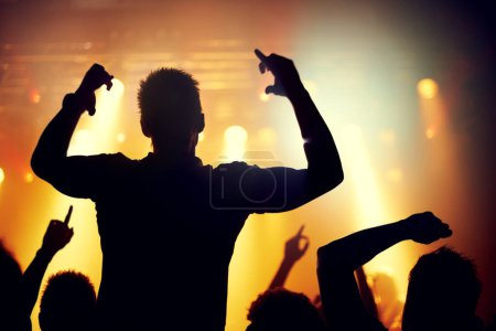 Téléchargez les photos : Fête, concert et foule de personnes au festival avec de l'énergie pour l'événement de danse le soir à partir de dos. Musique, lumière et public avec un groupe de fans lors d'une performance rock ou disco sur scène pour la célébration. - en image libre de droit
