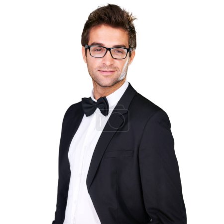 Photo for Fashion, confidence or man with tuxedo, suit and glasses for formal wear, elegant outfit or apparel on white background. Blazer, studio or model smirk with classy suit, fancy clothes and eyeglasses. - Royalty Free Image