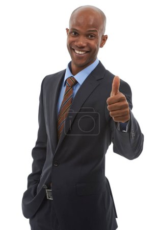Photo for Happy businessman, portrait and thumbs up for good job, success or thank you on a white studio background. Face of black man or employee smile with like emoji, yes sign or OK for business agreement. - Royalty Free Image