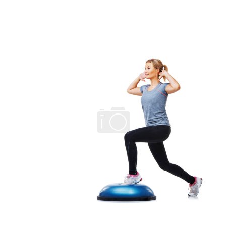 Photo for Woman, studio and lunge for training, ball or balance for legs, muscle development or profile by white background. Person, workout and exercise with mock up space for vision, wellness or healthy body. - Royalty Free Image
