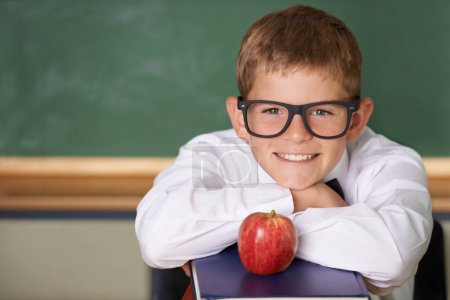 Photo for Happy boy, portrait and books with apple at school for learning, education or nutrition by green chalk board. Face of smart child, kid or young teenager smile for fruit, brain food or diet in class. - Royalty Free Image