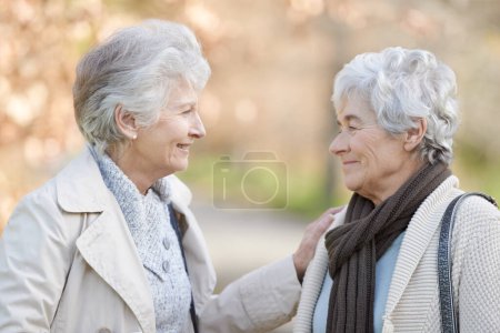 Photo for Senior women, care and touch in park by autumn leaves, together and conversation on retirement in outdoor. Elderly friends, smile or communication on vacation in england, bonding or social in nature. - Royalty Free Image