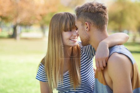 Photo for Nature, park and happy couple with love, eye contact or smile for romantic date in natural garden. Marriage, connection and relax boyfriend, girlfriend or people bonding together in sweet moment. - Royalty Free Image