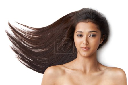 Photo for Hair care, woman and portrait or happy in studio with keratin treatment, soft texture and shampoo shine. Model, face and beauty with hairstyle results, cosmetics and collagen glow on white background. - Royalty Free Image