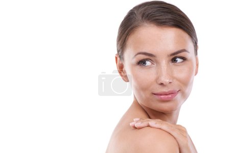 Photo for Woman, hands and wellness with beauty, skincare and cosmetics with mock up space and face. Skin, female person and glow in white background studio with model for cosmetology, touch and dermatology. - Royalty Free Image