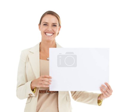 Photo for Professional woman, poster mockup and studio presentation for advertising opportunity, news or information. Portrait of business or face of happy person with paper space or sale on a white background. - Royalty Free Image