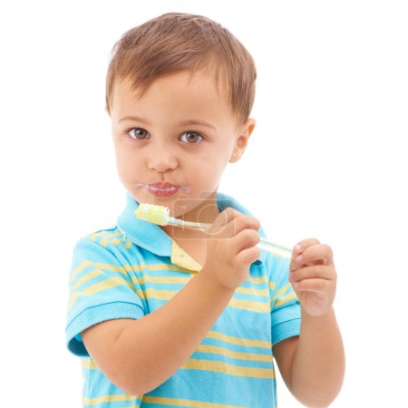 Photo for Portrait, boy and kid brushing teeth in studio for hygiene, learning healthy oral habits and care on white background. Young child, toothbrush and toothpaste for dental cleaning, fresh breath or gums. - Royalty Free Image