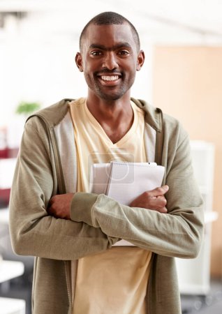 Photo for Black man, business worker and portrait in creative agency with writer notes and paperwork at company. Confidence, happy and African male professional ready for working with a smile with arms crossed. - Royalty Free Image