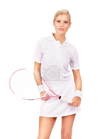 Photo for Portrait, tennis woman and racket in studio for sports, competition and contest isolated on mockup white background. Professional athlete, bat and ready for performance, action and training for match. - Royalty Free Image