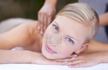Photo for Woman, therapist and massage to relax, portrait and spa for treatment and stress relief therapy. Sleeping, masseuse and wellness in resort, peaceful and hands for luxury bodycare and tranquility. - Royalty Free Image