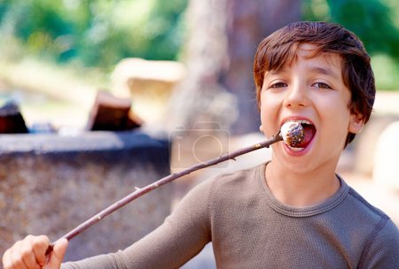 Photo for Boy, camping or eating a marshmallow in portrait, hungry or fire roast candy in forest. Young child, summer break or smile on face for sugar snack, hiking or nature for holiday adventure or treat. - Royalty Free Image