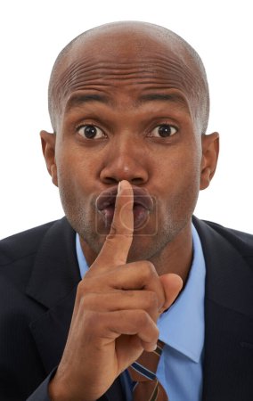 Photo for Black man, portrait and hand for business secret, gossip or confidential information on a white studio background. Face of African businessman with finger on lips in silence, whisper or quiet gesture. - Royalty Free Image