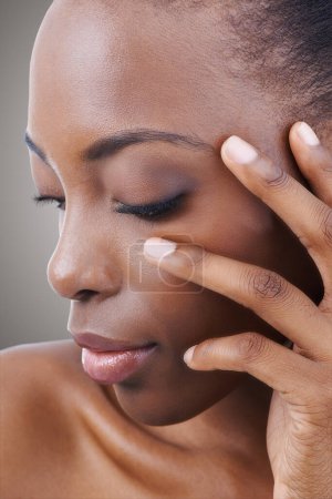 Photo for Skincare, beauty and black woman closeup with nails for self care in studio background or salon. Facial, makeup and African model with natural glow on skin and hand from cosmetics or dermatology. - Royalty Free Image