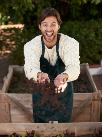Photo for Farmer, man and throw soil for agriculture, funny and laughing for sustainability of nature. Portrait, gardener and happy person with fertilizer, earth and dirt for ecology of plants in environment. - Royalty Free Image