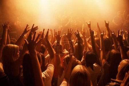 Téléchargez les photos : Musique, concert et foule de gens dansant pour la performance avec l'équipement d'éclairage à la fête. Événement, divertissement et groupe de fans ou de spectateurs au festival, discothèque ou rave avec énergie pour la chanson - en image libre de droit