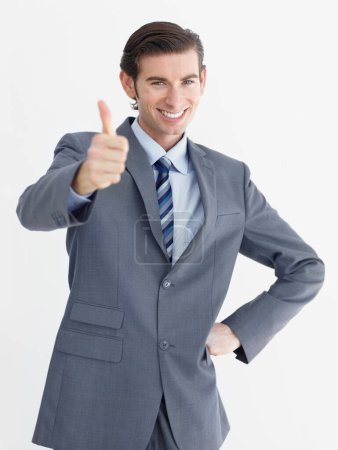 Photo for Portrait, businessman and happy thumbs up in studio with mockup for decision on white background. Corporate, male person and smile in excitement with gesture for encouragement, choice and support. - Royalty Free Image
