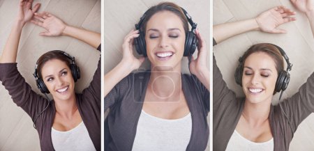 Photo for Woman, headphones and happy in collage, listening and music with peace, thinking or memory on floor. Person, above and smile with tech for sound, hearing and audio streaming subscription in home. - Royalty Free Image