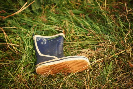 Photo for Boot, grass and outdoor with nature, day and lost with environment, sunshine and countryside. Outside, empty and single shoe with footwear, ground and missing with field and abandon with summer. - Royalty Free Image
