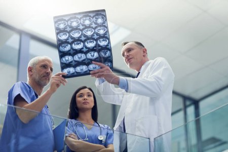 Photo for Examining the patients latest scans. Shot of a group of doctors looking at a medical scan while standing in a hospital - Royalty Free Image