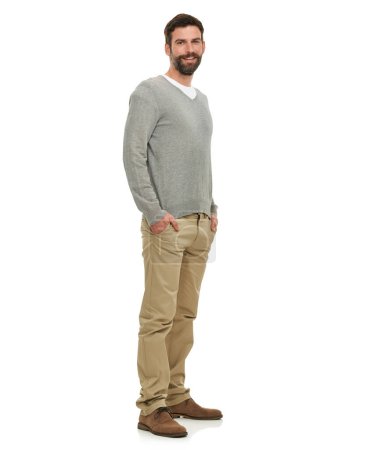 Photo for Happy, portrait and cool man in studio with casual clothes for fashion in V neck pullover top, pants and confidence. Young model or person from the USA with relaxed style and on a white background. - Royalty Free Image