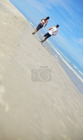 Photo for Sand, space or couple on beach running in exercise, training mockup or outdoor workout at sea. Sports people, runners or healthy athletes in nature for cardio endurance, wellness or fitness challenge. - Royalty Free Image