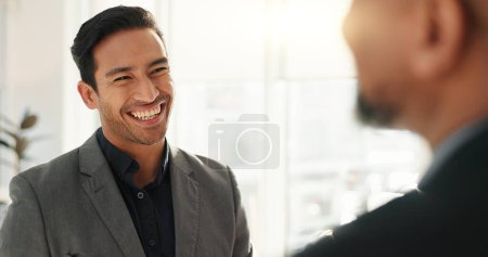 Photo for Business men, shaking hands with interview or collaboration in meeting, communication and networking. Working together, discussion and corporate partnership, feedback and hr with handshake and talk. - Royalty Free Image