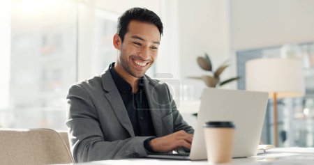 Photo for Happy man in office with laptop, market research and notes for social media review, business feedback or planning. Thinking, search and businessman networking online for startup, website and report - Royalty Free Image