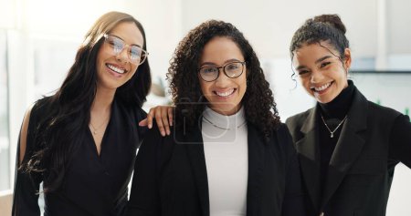 Photo for Women, happiness and face of professional people smile for corporate collaboration, business support or staff empowerment. Colleagues, group career portrait or female team pride, trust and solidarity. - Royalty Free Image