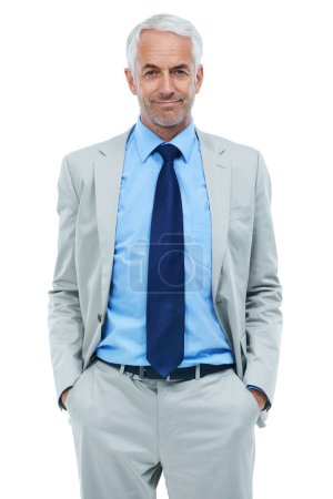 Photo for Studio, portrait and businessman with hands in pocket and mature office worker with pride. Senior person, face or confident in accounting career in suit or professional in mission by white background. - Royalty Free Image