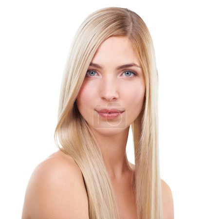 Photo for Straight hair, beauty and portrait of woman in makeup isolated on a white studio background. Face, hairstyle and young blonde model in cosmetics, skincare or salon treatment at hairdresser for shine. - Royalty Free Image