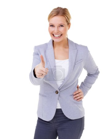 Photo for Thumbs up, portrait or happy business woman in studio with motivation, support or thank you sign on white background. Winner, face or entrepreneur with hand emoji for service, excellence or guarantee. - Royalty Free Image