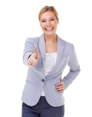 Photo for Portrait, thumbs up or happy business woman in studio with motivation, support or thank you sign on white background. Winner, face or entrepreneur with hand emoji for service, excellence or guarantee. - Royalty Free Image