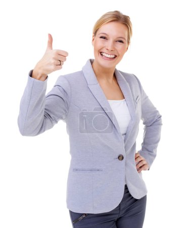 Photo for Woman, white background and portrait with emoji, thank you and smile with thumbs up, confidence and suit. Entrepreneur, happiness and studio for approval, excited and attitude for contact and wow. - Royalty Free Image