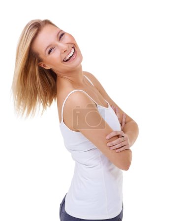 Photo for Portrait, funny and arms crossed with woman excited in studio isolated on white background for humor. Smile, laughing or carefree comic and happy young person having fun with joke, comedy or meme. - Royalty Free Image