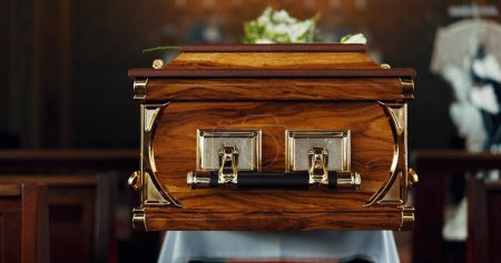 Photo for Casket, church and funeral with service in closeup, zoom or event to celebrate life, worship or faith. Wood coffin, burial and memory in death, mourning or compassion for farewell, temple or religion. - Royalty Free Image