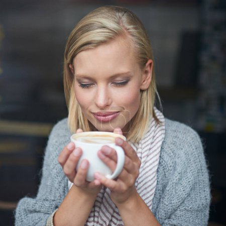 Photo for Coffee shop, happy and woman with aroma for drink, caffeine beverage and cappuccino for scent. Smile, relax and person with mug in restaurant, cafe and diner for breakfast, satisfaction and wellness. - Royalty Free Image