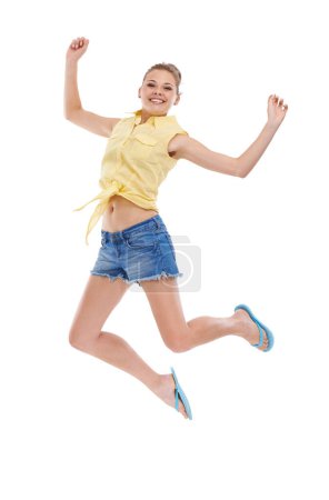 Photo for Excited, jump or portrait of girl teenager in studio for news, announcement or bonus prize. Energy, smile or happy model winner in celebration of fashion discount, success or sale on white background. - Royalty Free Image