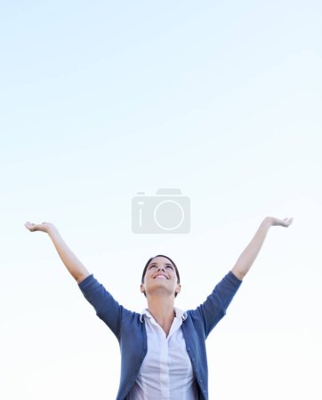 Photo for Celebration, cheering and excited with woman, achievement and happiness with mockup space. Person, winner and girl with victory and wellness with goals and motivation with promotion, wow and success. - Royalty Free Image