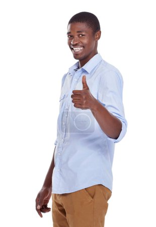 Photo for Happy, portrait and black man with thumbs up for good job, winning or thank you on a white studio background. Face of African male person with smile, like emoji or yes sign for OK, agree or approval. - Royalty Free Image