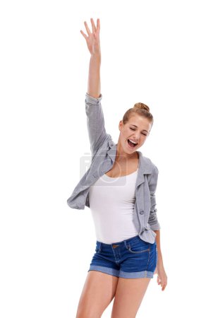 Photo for Excited winner, cheering or woman in studio isolated of news, announcement or bonus prize. Energy, smile or happy female person in celebration of fashion discount, success or sale on white background. - Royalty Free Image