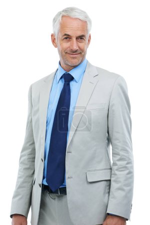 Photo for Studio, portrait or mature businessman for confidence in fashion suit and professional worker. Senior person, face or pride in accounting career in corporate clothes or positive by white background. - Royalty Free Image